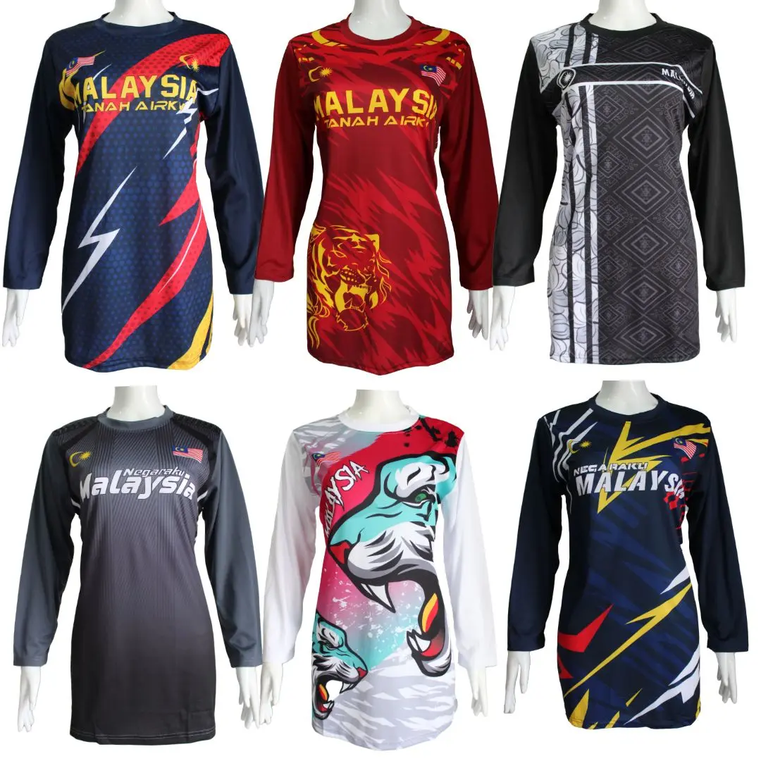 MUSLIMAH DESIGN BARU JERSEY MALAYSIA PLUS SIZE SUKAN PEREMPUAN LENGAN PANJANG ( KAIN JERSEY / FULL PRINTING)