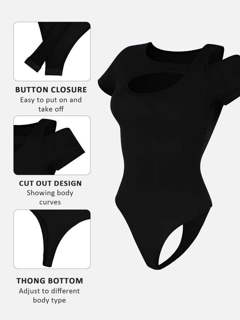 Product Introduction of Women's Solid Color Cut Out Bodysuit, Casual Comfy Breathable Short Sleeve Bodysuit for Daily Wear, Ladies Clothes for Summer 3