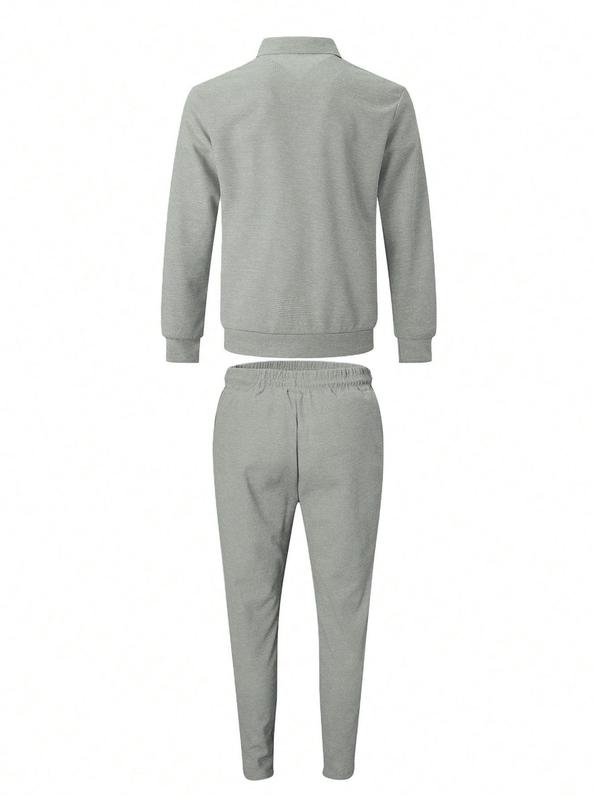 Men's Solid Waffle Zip Up Jacket & Top-stitching Drawstring Waist Sweatpants Set, Regular Fit Casual Long Sleeve Collared Outerwear & Pocket Pants for Daily Wear, Men's Outfits for All Seasons 1
