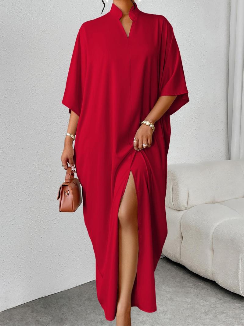 Product Introduction of Women's Plain Notched Neck Split Hem Long Dress, Elegant Fashion Casual Dress for Daily Outdoor Wear, Women Dress for Summer, Summer Dresses 2025 3