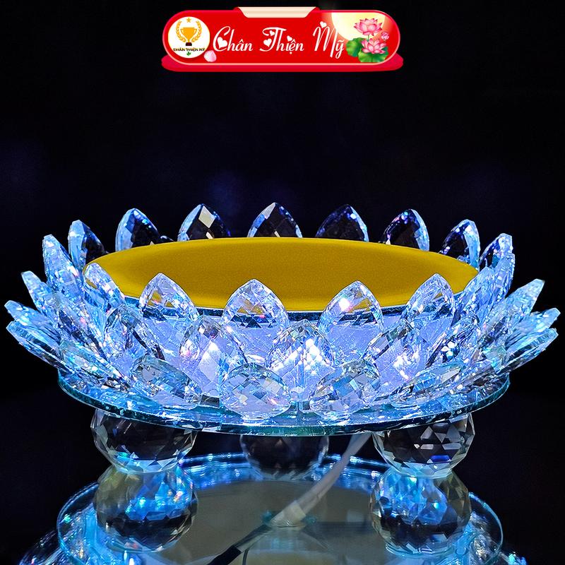 Đài Sen Pha Lê Tròn Trang Trí Tượng Quan Âm Cùng Phật Di Lặc CHÂN THIỆN MỸ, Có Đèn LED Đổi Màu Kèm Điều Khiển Từ Xa Decor Decor Phòng