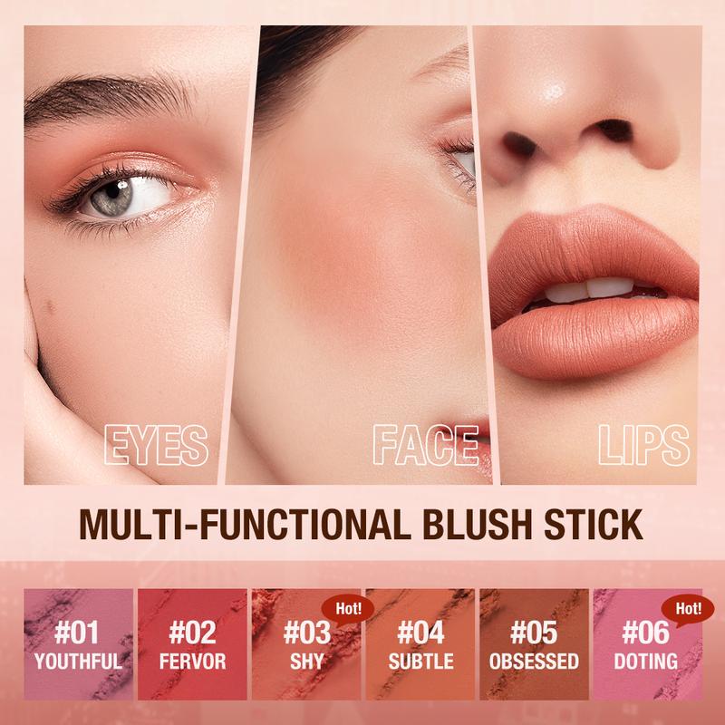 Product Introduction of O.TWO.O Makeup Blush Stick Hydrating Gloss Lip & Cheek 6 Colors Beauty Cosmetics Soft Powder Blush Blusher Highlight Contour Face 24