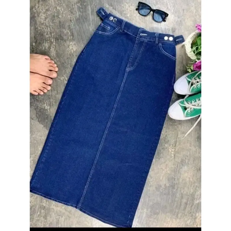 rok jeans theana /rok jeans korean style/rok jeans panjang wanita Slim-fitting Kancing Karet 1