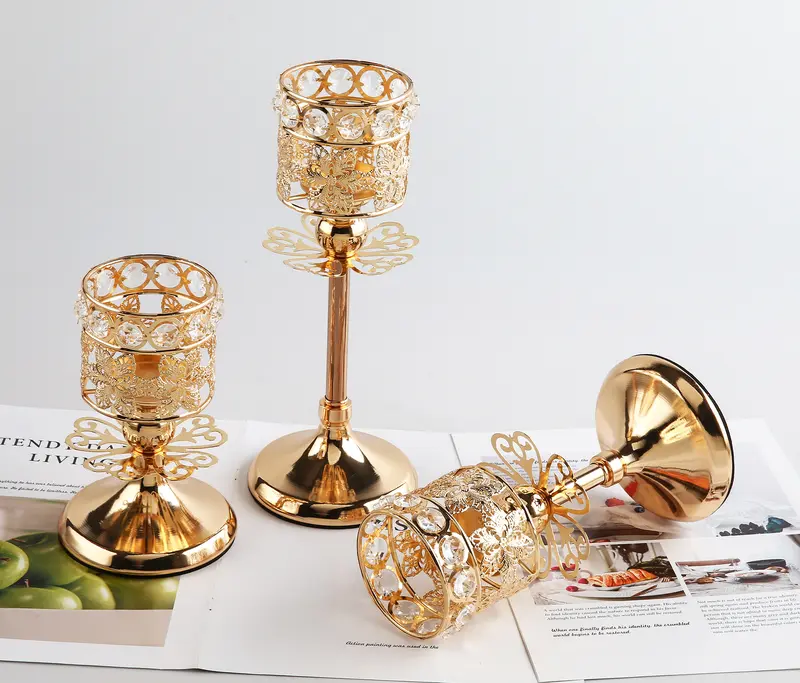 Tempat lilinnya 3 Height Liontin Kristal Candle Holder Golden Crystal Tea Light  Sparklers Wedding Candelabra Wedding Table Kokoh n Cantik Elegan Retro Stability Wedding Gold Lilin 5