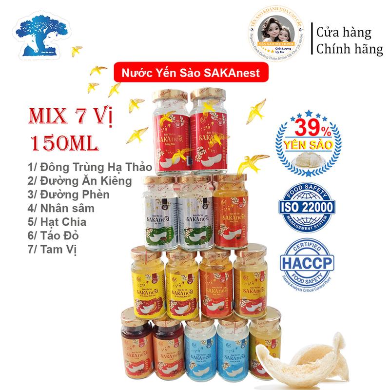 Mix 7 vị 14 lọ Tổ Yến Sakanest Chưng Đông Trùng Đường Phèn Nhân Sâm Tam Vị Hạt Chia Táo Đỏ Đường Ăn Kiêng 39% yến tươi 150ml không hộp