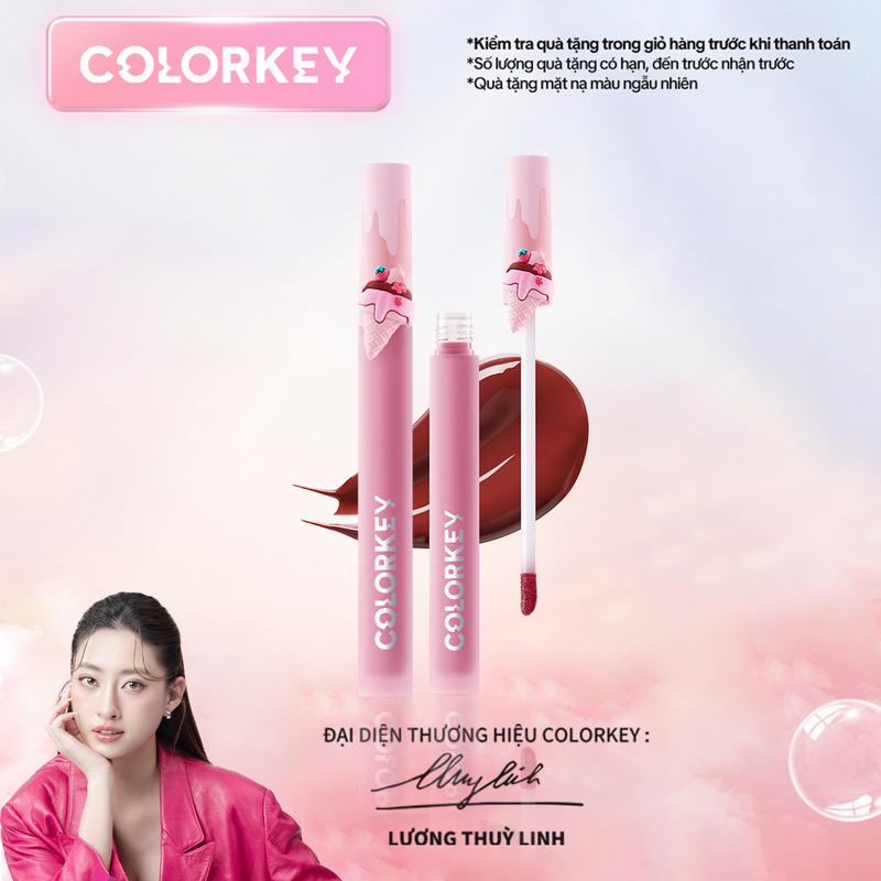 COMBO 2 SON Gương bóng COLORKEY phiên bản Ice Cream màu sắc ngọt ngào lâu trôi cho đôi môi tươi tắn 1,7g son TẶNG 1 Dây buộc tóc + 1 Mút đánh nền tím + 1 Gương trang điểm cầm tay