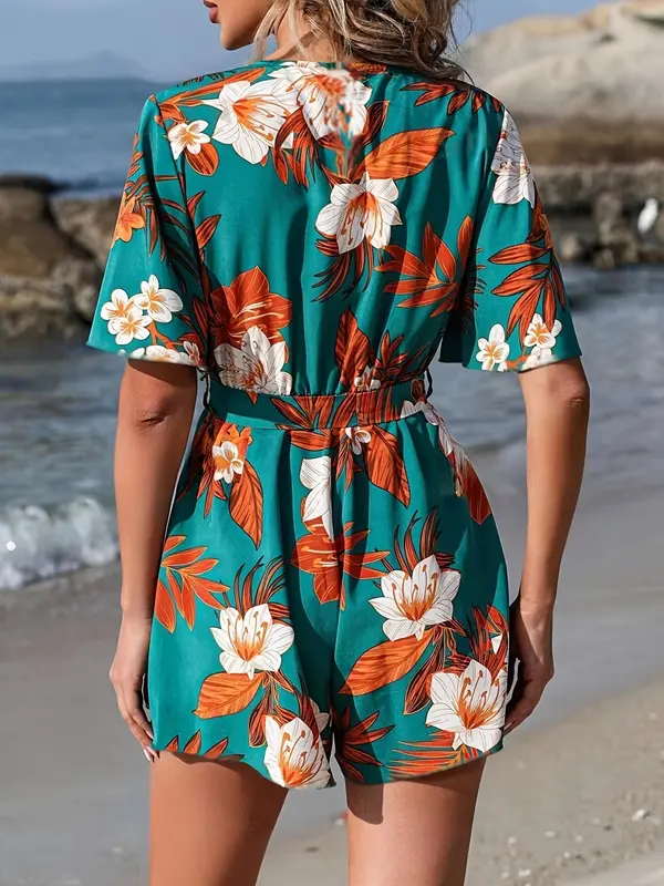 Women's Plants Print Belted Romper, Casual Short Sleeve Wide Leg Romper for Summer, Fashion Women's Clothes for Beach Holiday, Womenswear 1