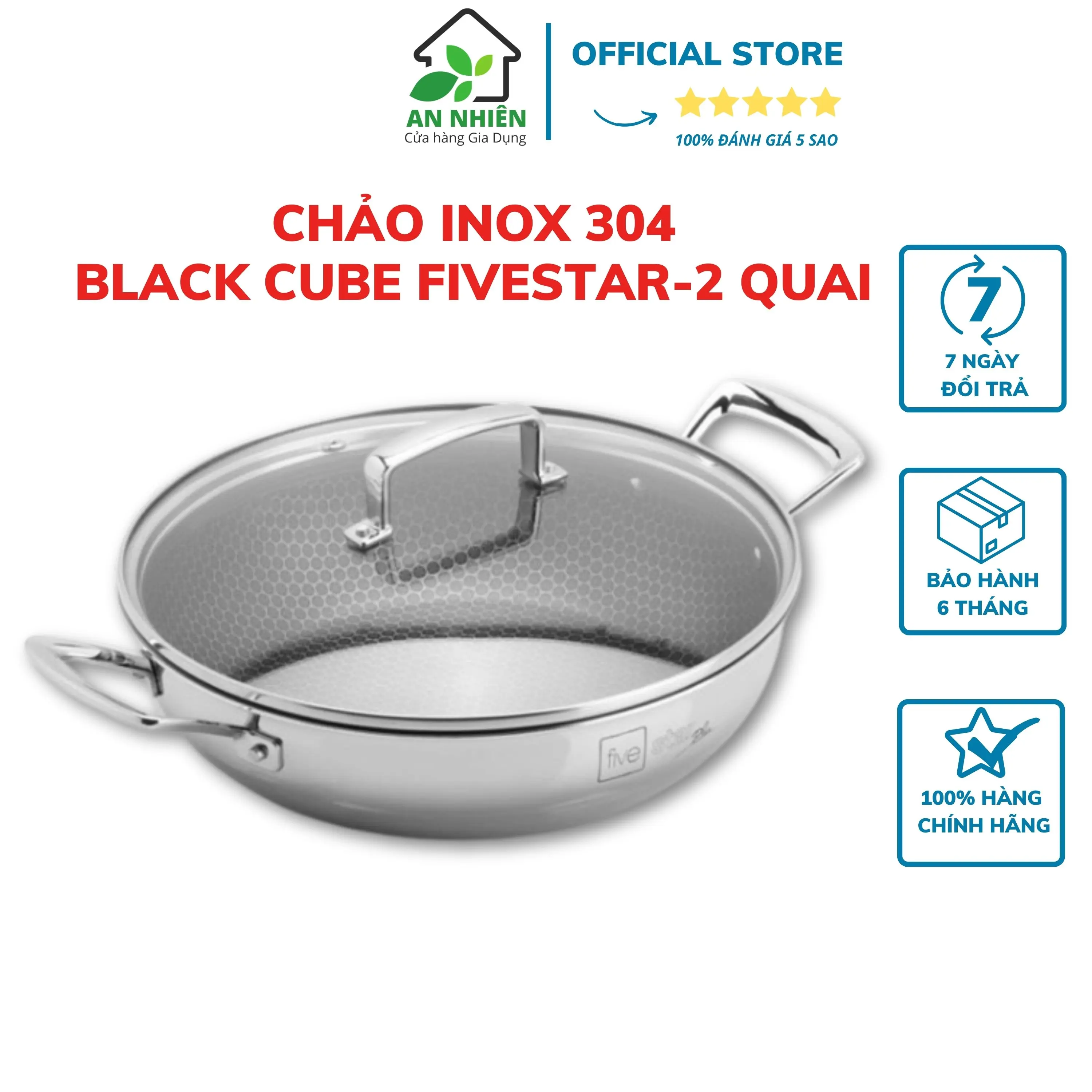 Chảo Lẩu Tổ Ong blackcube Chống Dính, Sâu Lòng, 2 Quai Tổ Ong Inox 304 Fiverstar Standard Plush Liền Khối 24cm/26cm/28cm 3 lớp siêu bền, không trầy xước dùng được bếp từ.
