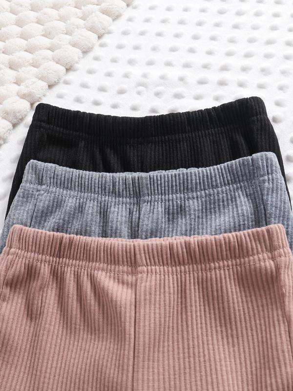 Toddler Girl's 3pcs Solid Lettuce Trim Elastic Waist Flare Leg Pants, Casual Comfy Trousers for Spring & Fall, Toddler Girls Bottoms for Daily Outdoor Wear 2