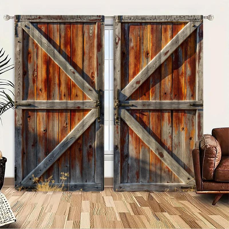 Wooden Door Pattern Printed Curtain, 1 Set Rustic Style Door Curtain with Lock, Home Decor for Living Room Bedroom, Room Divider Curtain 5