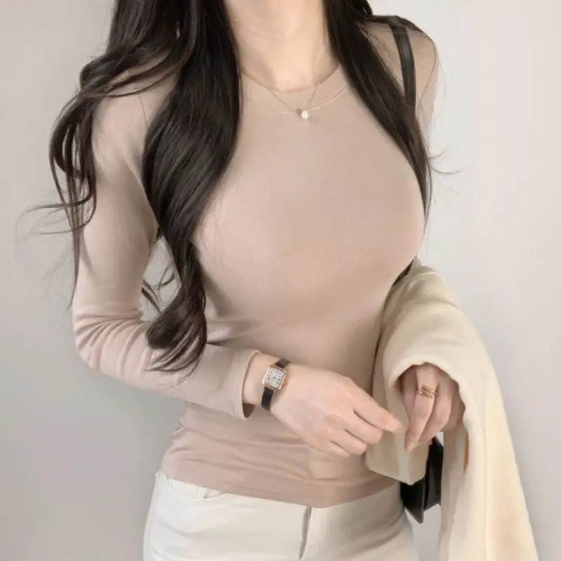 【Tight fitting top for women】round Neck Stretch Pure Color Tight Flattering Big Bottoming Shirt Simple All-Match Skin Flesh Color Long-Sleeved T-shirt Female Nude Top Clothes Ladies Female Chinese Clothing Women's Tight Top