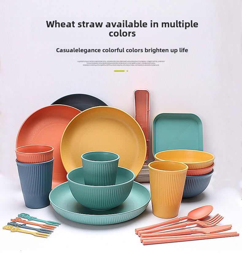 Product Introduction of Wheat Straw Soup Bowl Dish Plate Cup Set Student Household Portable Knife Fork Spoon and Chopsticks Tableware Gift Cutlery 1