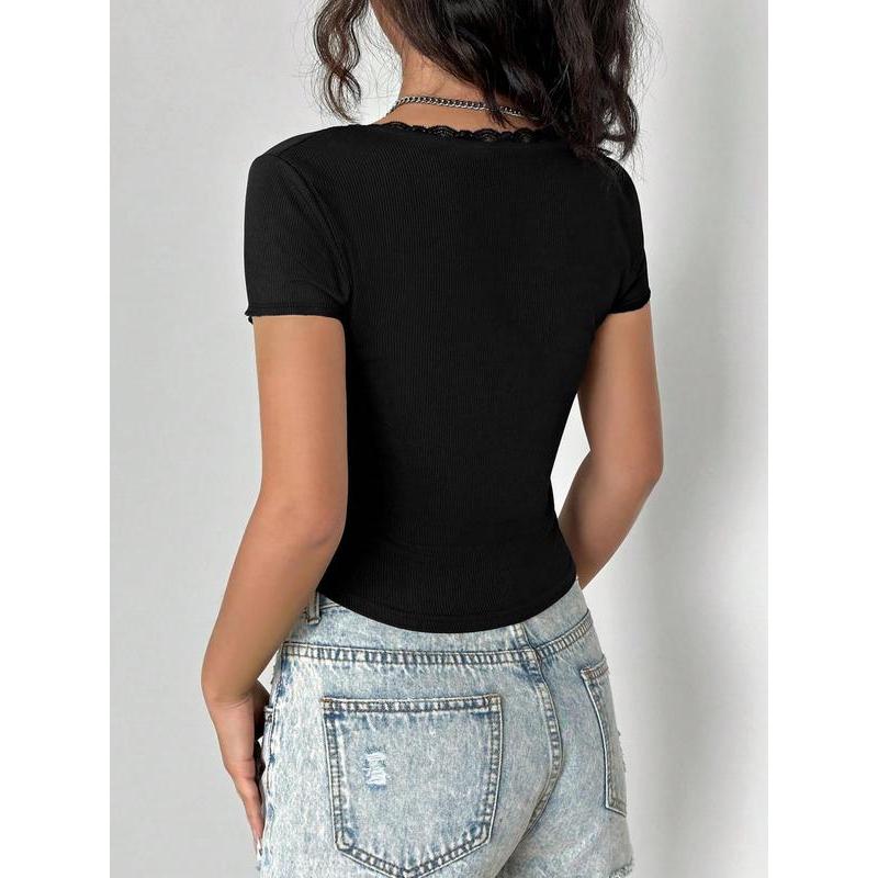 Women's Plain Lace Trim Ribbed Crop Tee, Casual Short Sleeve T-shirt for Summer, Ladies Clothes for Daily Wear 1