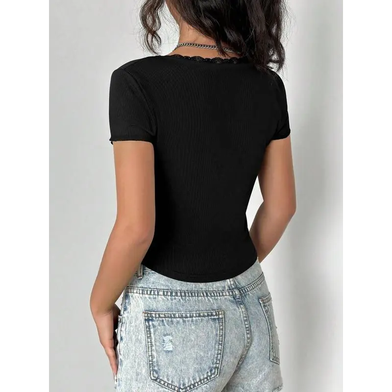 Women's Plain Lace Trim Ribbed Crop Tee, Casual Short Sleeve T-shirt for Summer, Ladies Clothes for Daily Wear 1