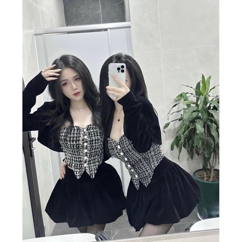 Set 3 món áo quây dạ kèm mút ngực + khoác nhung+ quần nhung bí cá tính quyến rũ 1