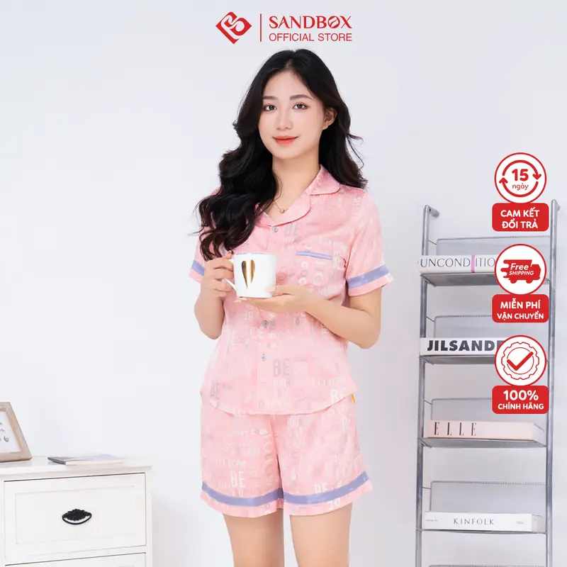 Bộ mặc nhà nữ SANDBOX bộ Pijama ngắn tay quần đùi chất lụa mềm mại, trẻ trung BLD23004 -2 Nhung Áo Ngủ Quần Ngủ Women Nho 1