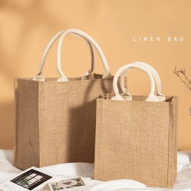 Túi Tote Vải Lanh Cổ Điển Cho Nữ, Ví Mua Sắm, Túi Xách Đi Biển Mùa Hè, Túi Tự Làm Retro, Tay Cầm Đầu Sinh Thái Di Động, Nhiều Kích Cỡ, Túi Mua Sắm 2