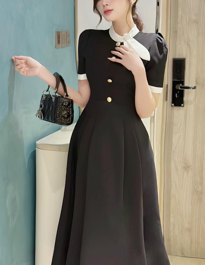 Product Introduction of Đầm dự tiệc công sở dáng dài phối nơ tặng tag đá sang trọng FLIP DRESS Nữ Women Kem Cotton Sen 3