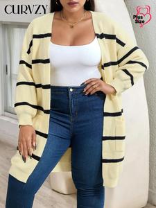 CURVZY Plus Size Autumn Aesthetic Striped Pattern Pocket Drop Shoulder Cardigan, Casual Long Sleeve Open Front Knitwear for Fall & Winter, Women's Clothing for Daily Wear