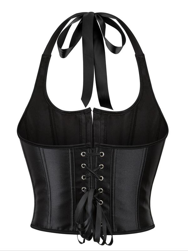 Women's Backless Lace Up Grommet Eyelet Decor Halter Neck Crop Shapewear Top, Solid Color Tie Back Corset Structure Shaper, Tummy Control Corset, Fashion Women's Shapewear 1
