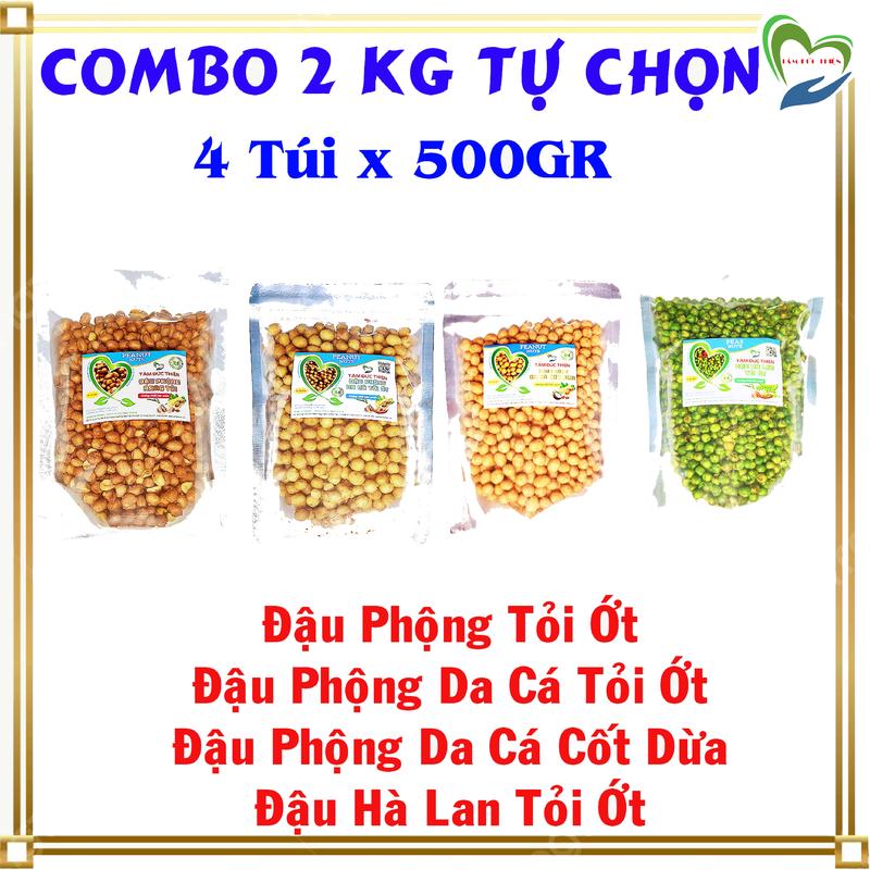 Combo 2KG 4 vị mix tự chọn: đậu phộng tỏi ớt, da cá tỏi ớt, da cá cốt dừa, hà lan rang tỏi ớt tâm đức thiện 4 túi zip 500gr đồ ăn vặt snack nuts food cay Thức Ăn
