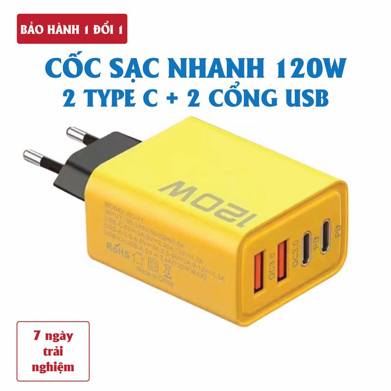 Củ sạc nhanh 4 cổng, 120W gồm: 2 cổng Type C + 2 cổng USB – Bộ sạc nhanh 4 trong 1,  Cốc sạc nhanh 120W - Phụ kiện điện thoại, Cáp sạc nhanh 3 in 1