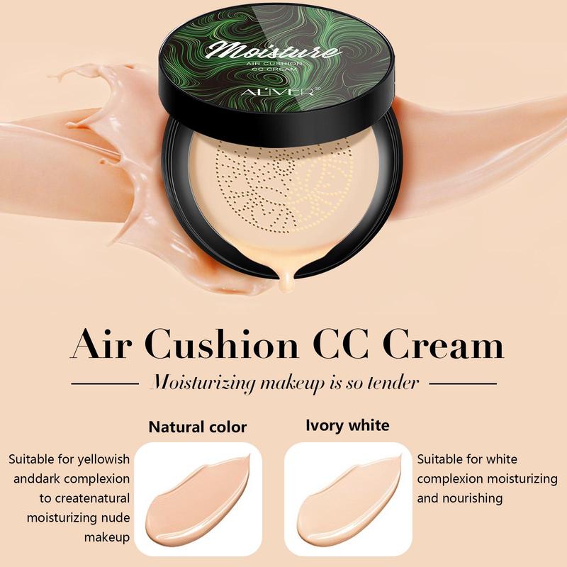 Moisturizing CC Cream with 2 Mushroom Head Powder Brush, 2 Counts/set Natural Long Lasting Makeup Foundation, Facial Makeup Product for Women 8