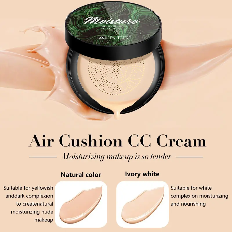 Moisturizing CC Cream with 2 Mushroom Head Powder Brush, 2 Counts/set Natural Long Lasting Makeup Foundation, Facial Makeup Product for Women 8