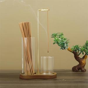 Porta incienso y vela 2 en 1, 1 unidad con base de madera, quemador de incienso con recogedor de cenizas de vidrio extraíble, adorno de decoración para el hogar para sala de estar y dormitorio