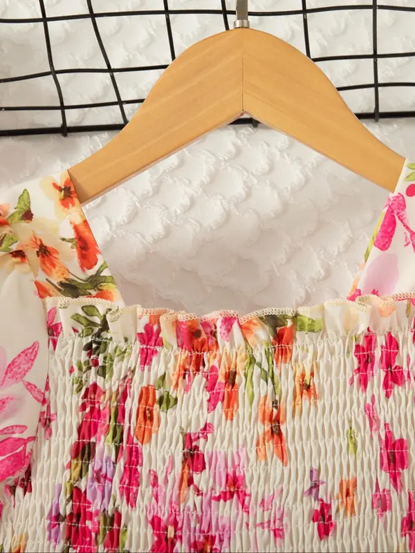 Girl's Floral Print Flounce Sleeve Dress, Casual Short Sleeve A Line Dress for Summer, Kids Clothes for Daily Wear 6