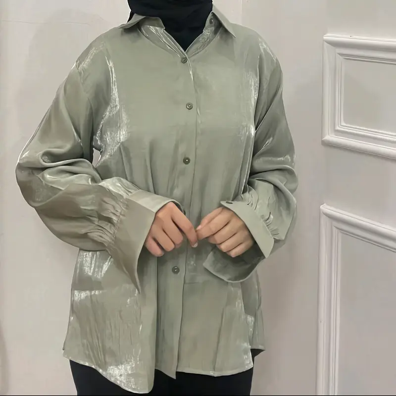 SHIMMER SHIRT /SHIMMER TOP premium Korean Model terbaru vintage colorfull tebal silky  oversize  atasan  wanita  baju  panjang Kancing Cantik Crop Remaja kemeja bona 2