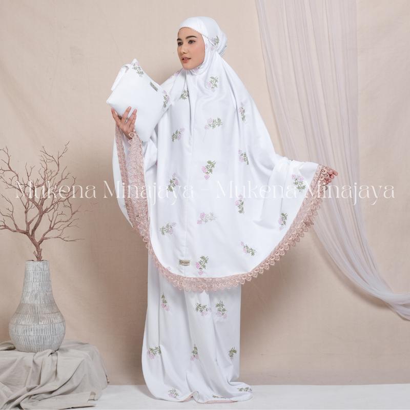 MINAJAYA - Mukena Dewasa Renda Bordir Motif Tabur Bunga Tulip Katun Premium Free Tasbih 2