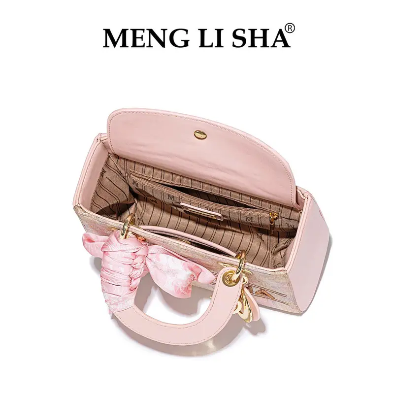 5877#-K1 Túi Xách Nữ MENG LI SA Dáng Cốp Vuông Kèm Khăn Lụa Sang Trọng Họa Tiết Hoa Lá Thời Thượng, Trang Nhã. Đeo Vai, Đeo Chéo. Dễ Phối Đồ. Màu Hồng 5