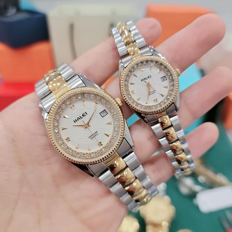 Đồng Hồ Đôi Halei 591 Demi Trắng Chống Nước Full Lịch Sang Trọng Mới Nhất 2024 Phụ Kiện Cao Su Pin Kiềng
