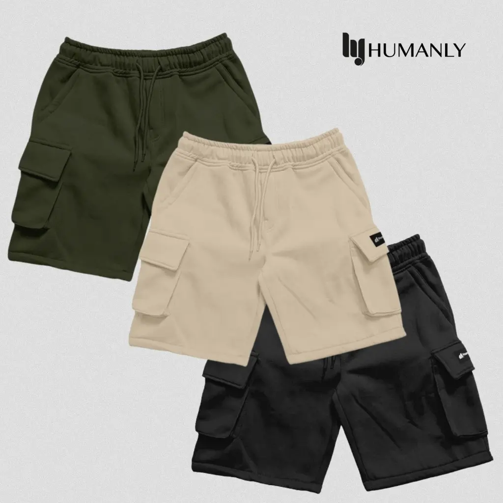 PIER Store - Paket 3 Pcs Cargo Pendek Pria Celana Pendek Matt Fleece Soft Army Biru untuk Santai  Jalan Pantai Nongkrong