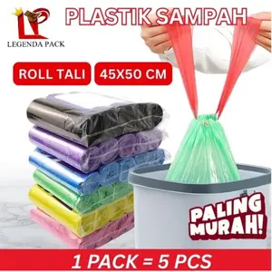 5 ROLL - 75 PCS Kantong Plastik Sampah Roll Tali 45X50 | Roll Trash Bag dengan tali ikat tebal bagus premium 45 x 50 cm