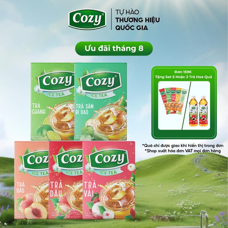 [DEAL SIÊU HỜI] Combo Trà 5 Hộp Trái Cây Trà Đen Hòa Tan Cozy Tea Trà: Đào, Dâu, Vải, Chanh, Sâm Bí Đao (Hộp 16 Gói) Thức Uống Giải Khát Và Giải Nhiệt Cho Mùa Hè Nước Trà Thơm, Chè Sạch Tươi Nguyên Chất