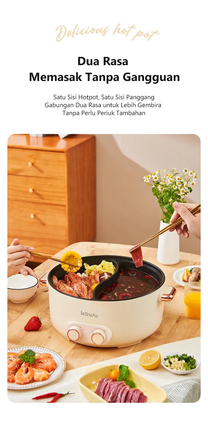 Product Introduction of Kawu electric hot pot, household multi-functional mandarin duck electric pot，Periuk panas elektrik， 2-speed adjustment 6.5L large capacity 19