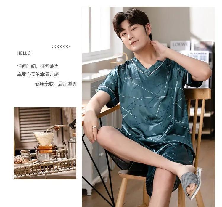 Product Introduction of Men's Pajamas Summer Fashion V-Neck Thin Ice Silk Short-Sleeved Shorts Nightie Two Piece 2024 New Boys Casual Sleepwear Nightie 22