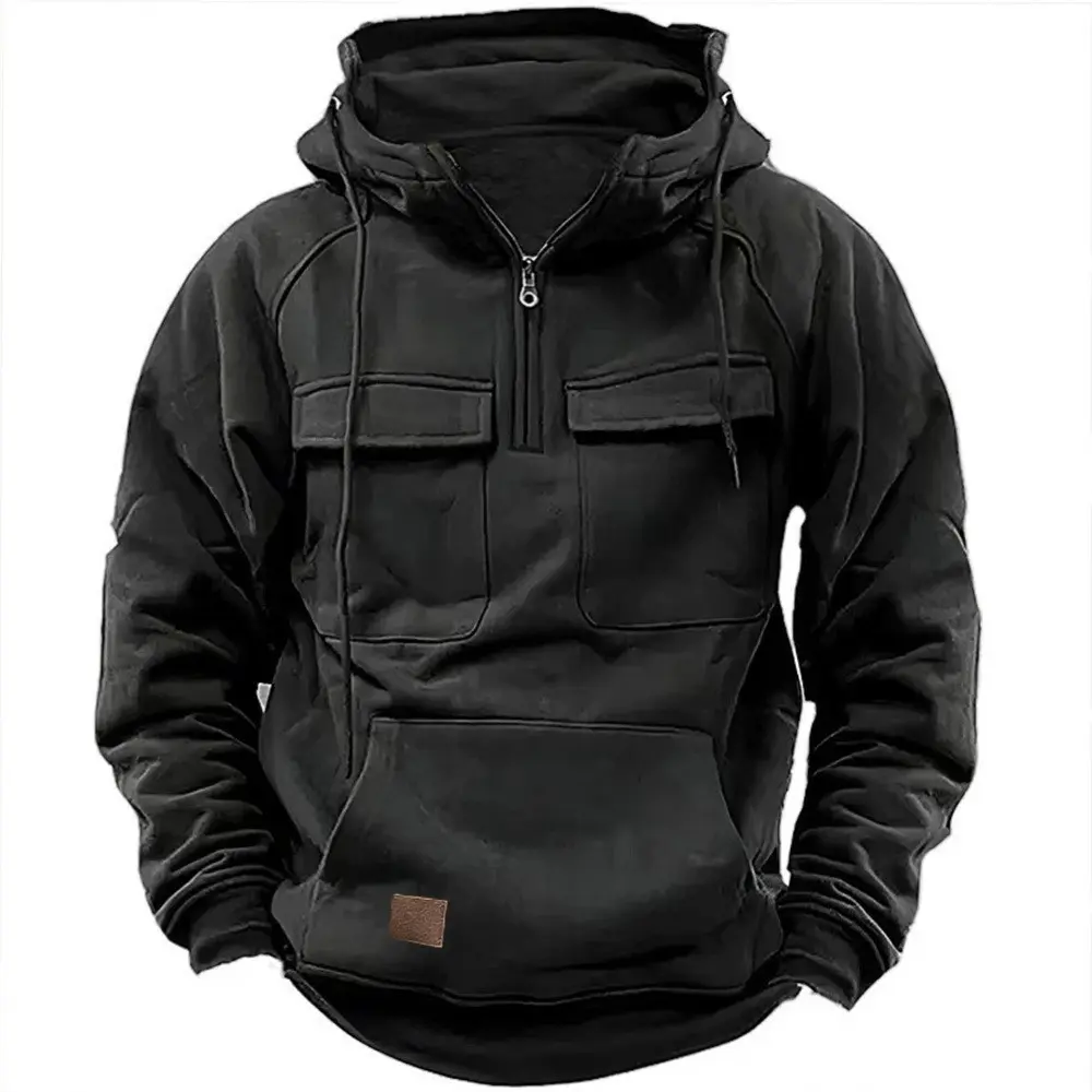 Men's Hooded Solid Color Hoodie European and American Youth Sports Multi-Pocket Leather Sweater Jacket Menswear Sweatshirts