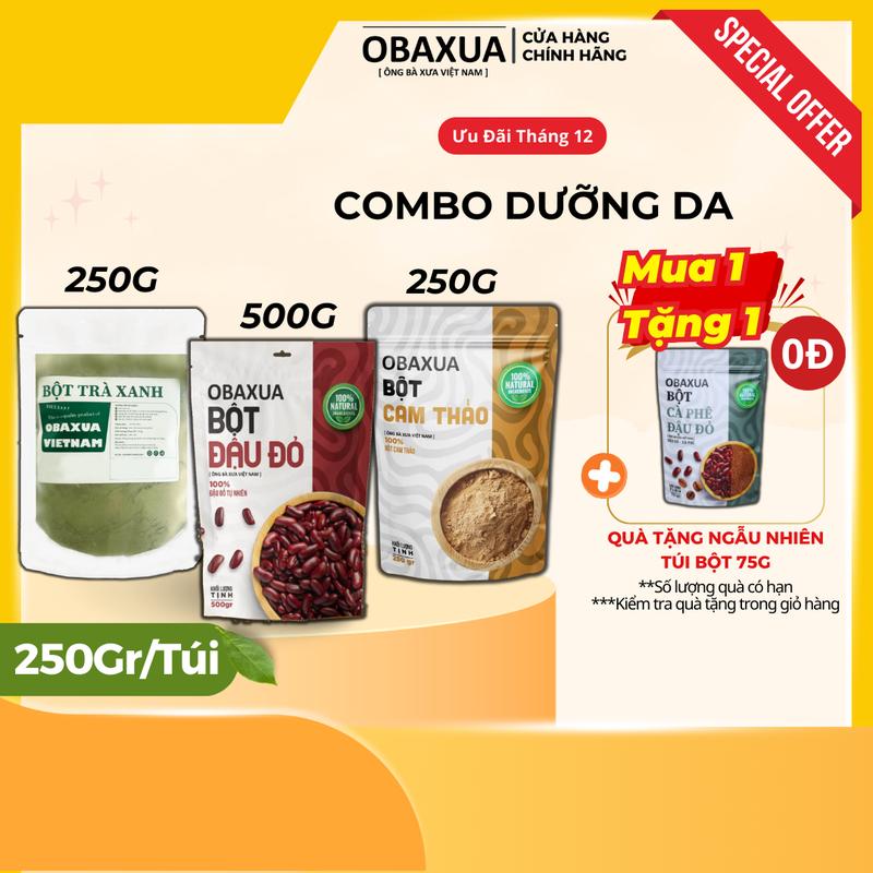 Combo [ Bột Đậu Đỏ 500Gr, Bột Cam Thảo 250Gr, Bột Trà Xanh 250G ] Obaxua - Bột đắp Dưỡng da cho mặt và body