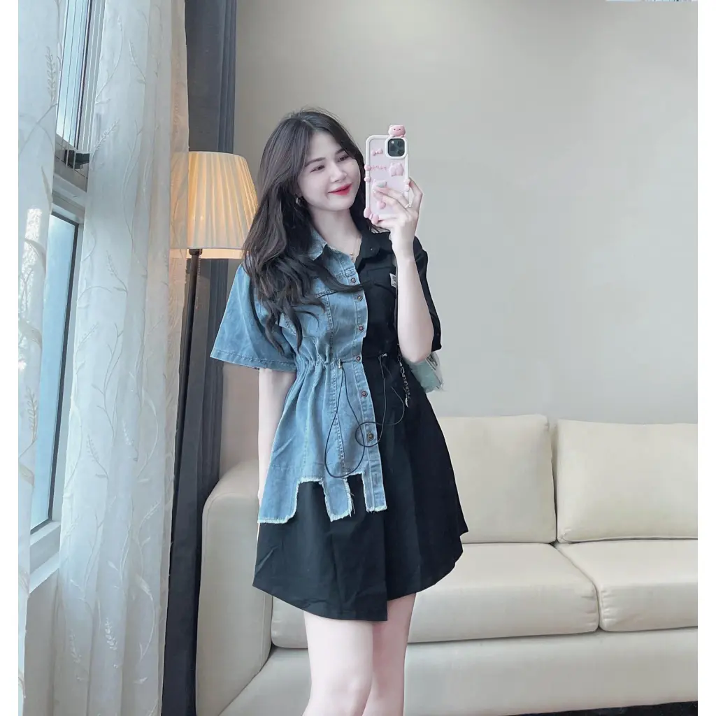 Váy sơ mi phối bò rách rút eo siêu hot, Vải cotton khô phối bò jean phối rua cực xinh