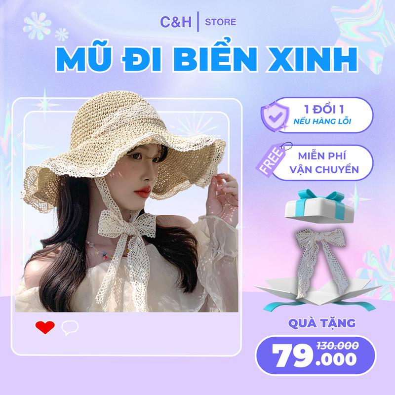 Mũ cói nữ đi biển vành rộng nón thời trang có dây buộc viền ren tiểu thư đội chụp ảnh đẹp lung linh