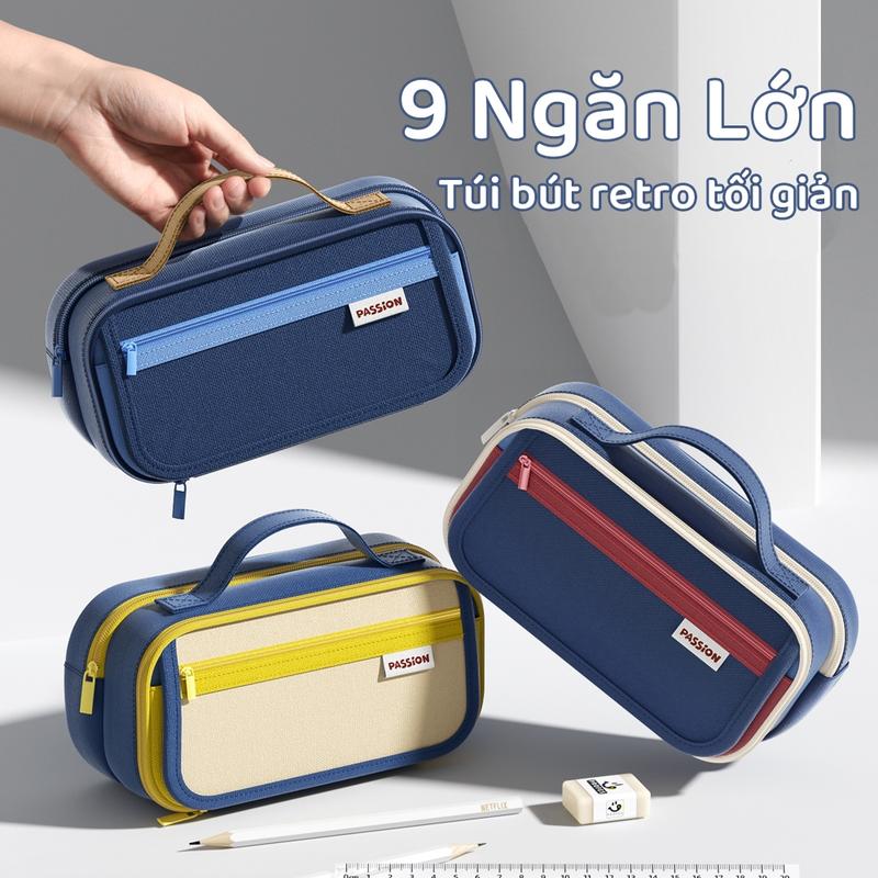 Túi bút vải 9 ngăn siêu to vải Canvas khóa kéo chắc chắn nhiều mầu sắc tươi sáng hộp bút vải.