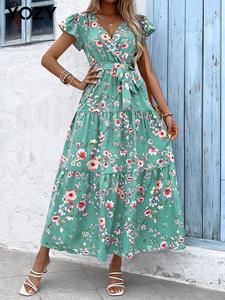 YOZY Floral Print Butterfly Sleeve Dress, Boho Fashion Wrap V Neck Cap Sleeve Belted Tiered Ruffle Long A Line Dress, 2024 Women's Beach Holiday Vacation Wear for Spring & Summer