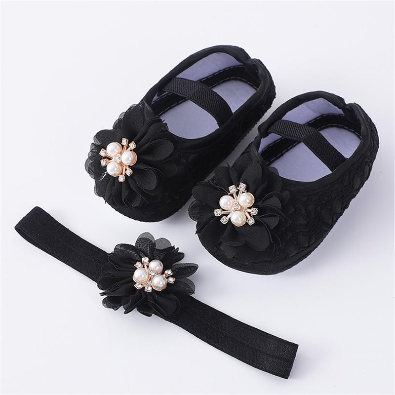 Baby Girls Flats and Headband Soft Sole Non-slip Pearl Flower Princess Wedding Dress Walking Shoes for Newborn 6