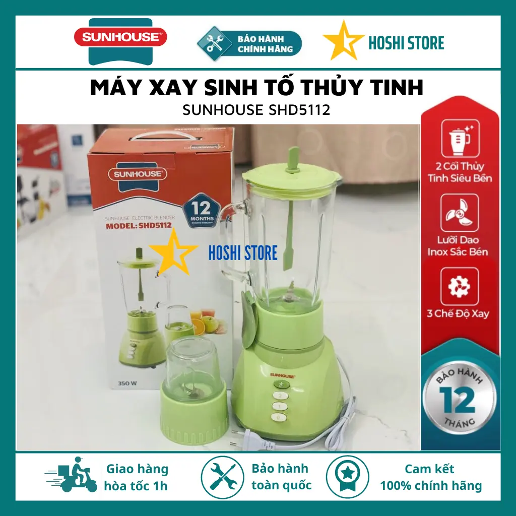 {BẢO HÀNH 12 THÁNG} Máy xay sinh tố thủy tinh SUNHOUSE SHD5112 đa chức năng, xay rau củ quả, thực phẩm, siêu bền
