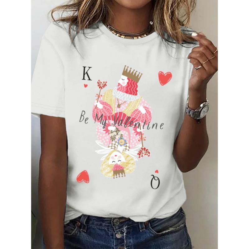 Women's Casual Cotton T-Shirt - Short Sleeve, Round Neck, Valentine's Day Graphic Print, White, Playing Card & Heart Design, Machine Washable, Summer Fashion Top, Casual Attire | Playful Design | Relaxed Fit Shirt 1