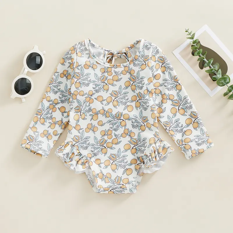 Đồ Bơi Mùa Hè Cho Bé Gái, In Hoa, Áo Jumpsuit Quần Dài Tay Áo Có Bèo Nhún Thích Hợp Cho Đồ Bơi, Đồ Đi Biển, Đồ Tắm 3