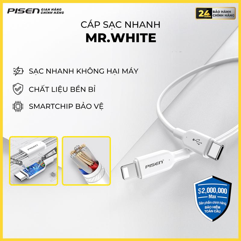 PISEN Cáp sạc nhanh tiêu chuẩn sạc nhanh an toàn chống chai Pin | PISEN QUICK -Mr White Lightning USB-C 1m - Model: CL-PD-1000 GLB | Bảo hành chính hãng 18 tháng